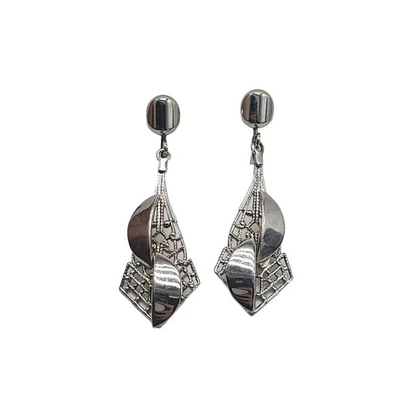Alice Openwork Dangle Drop Earrings Screw Closure Silver Tone Vintage - Picture 1 of 5